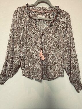 Anthropologie Ivory and Soft Peach Floral Peasant Blouse 100% Cotton
